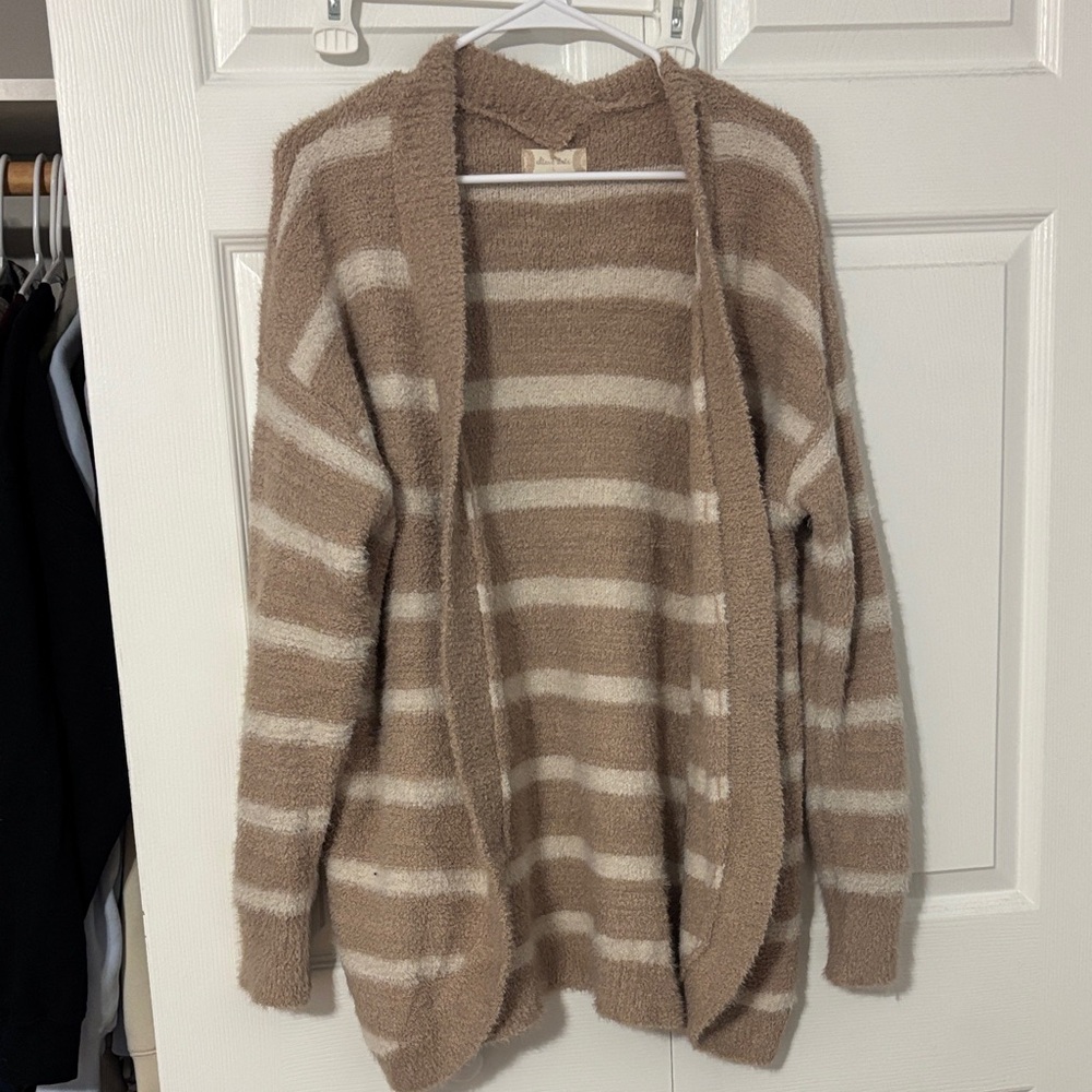Striped Cozy Open-Front Women's Sweater Cardigan - Taupe & Cream